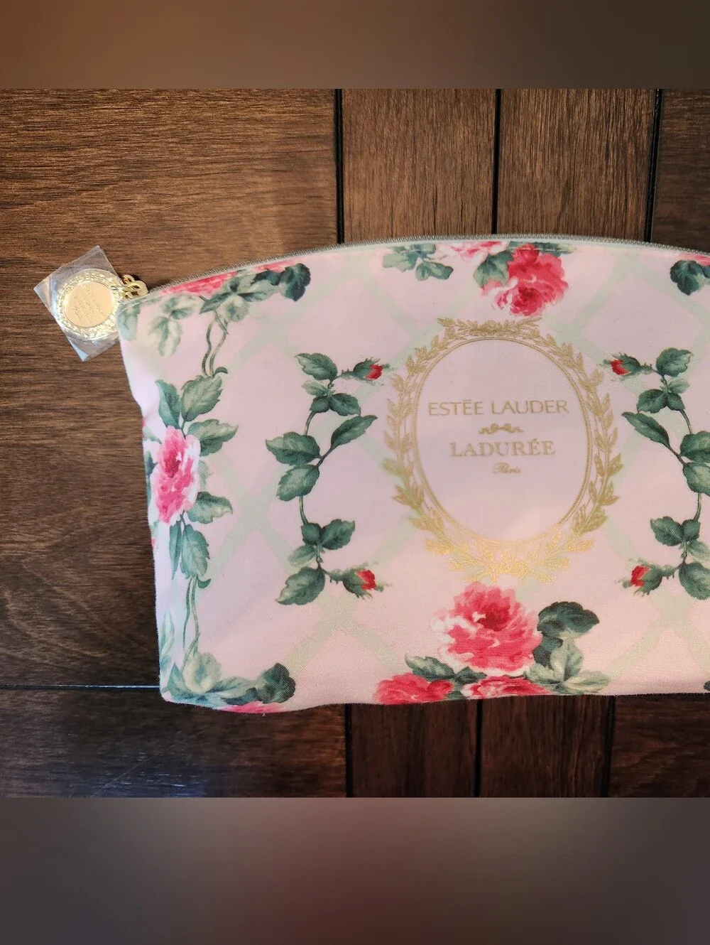 Estee Lauder Pink Floral x Ladurée Cosmetic Pouch with Gold Logo New 9x5x2